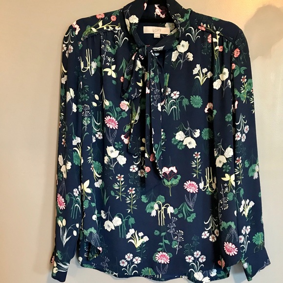 LOFT | Women's Valley Floral Bow Blouse | Navy - Picture 3 of 11